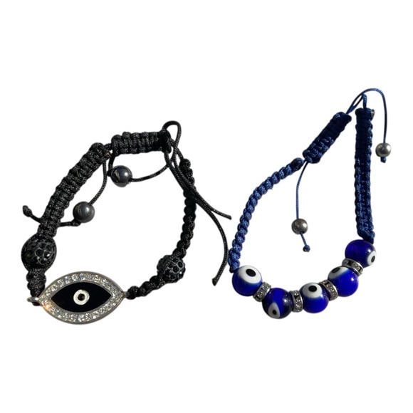Nylon Cord Bead Bracelets Evil Eyes set of 2 adjustable new - Picture 1 of 6